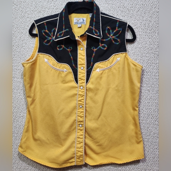 Panhandle Slim Tops - RARE Y2K‎ Panhandle Slim Pearl Snap Retro Western Embroidered Sleeveless Rodeo